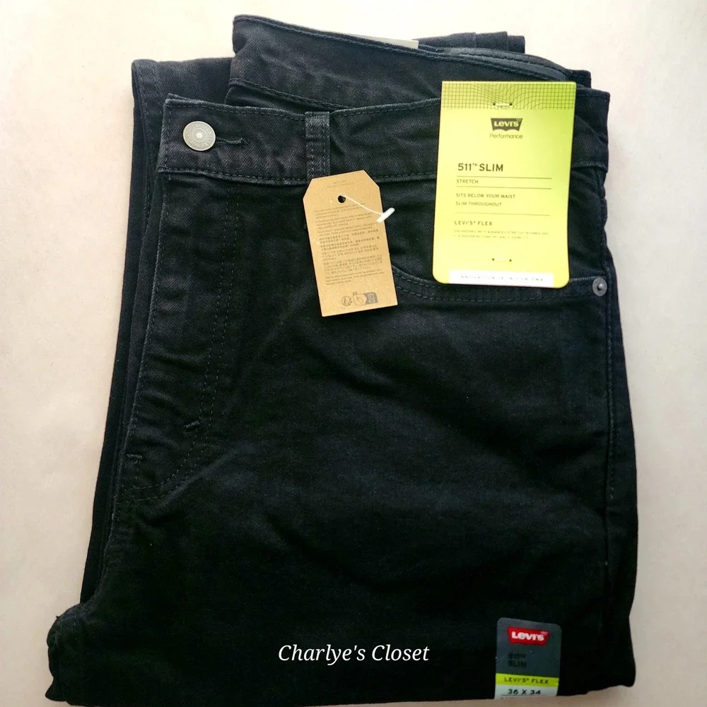Levi's 511 Slim Straight Jeans Mens 36x34 Black NEW Stretch Flex Denim 045113096